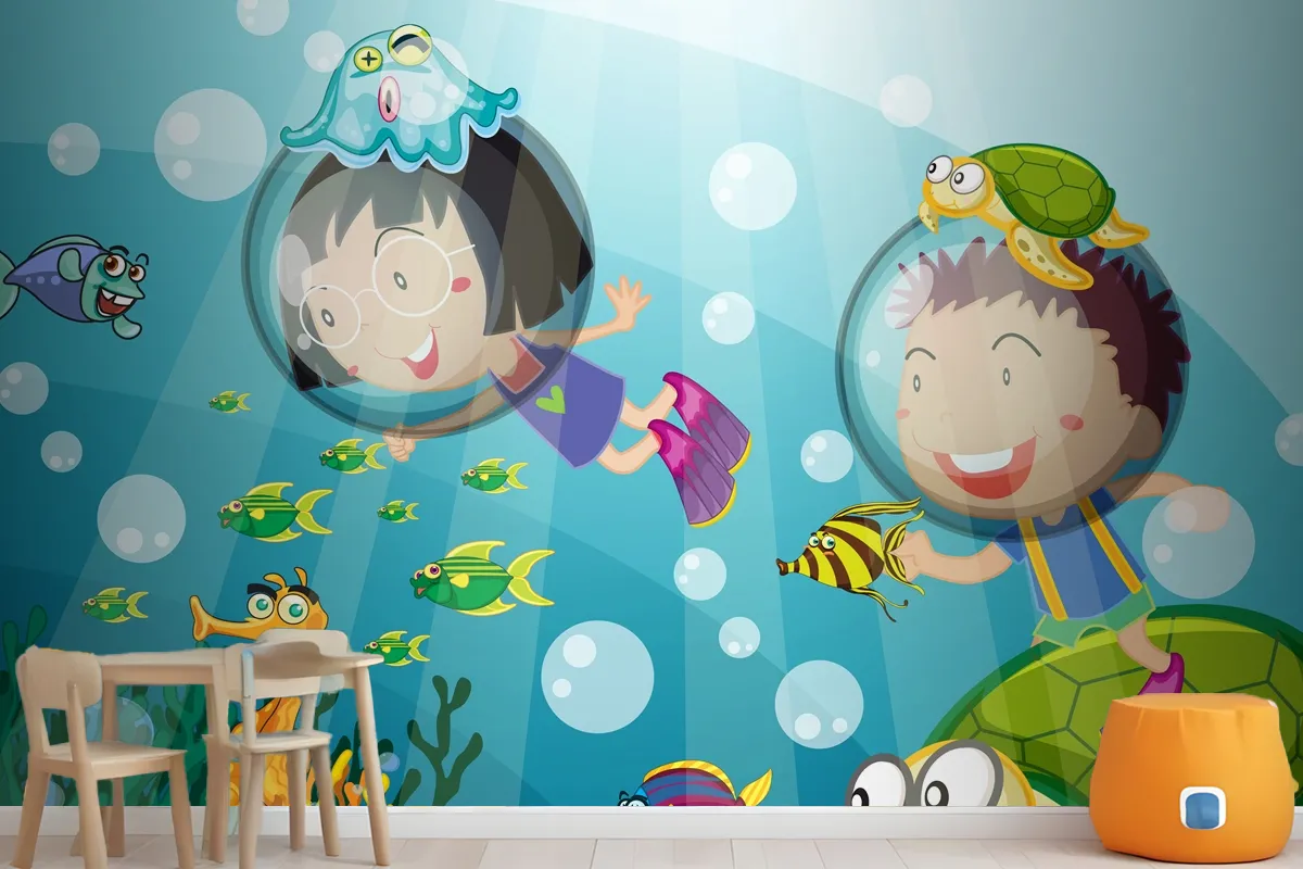 Underwater Scene With Happy Kids Scuba Diving Wallpaper Mural