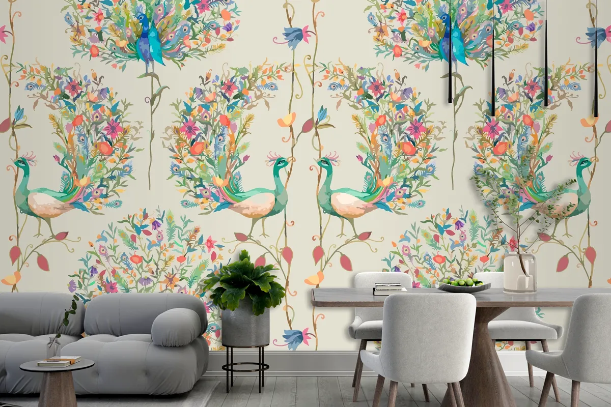 Pattern Background With Watercolor Peacock And Flower Wallpaper Mural