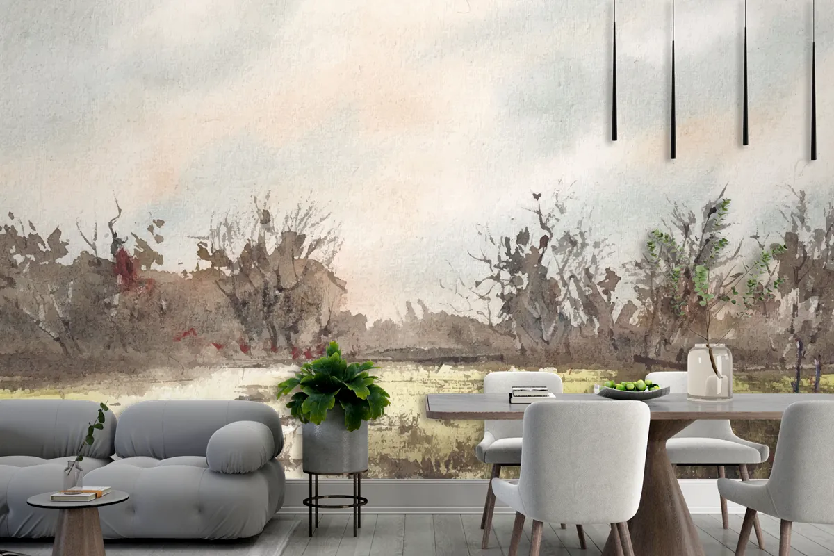 Village Nature Watercolor Painting Art Wallpaper Mural