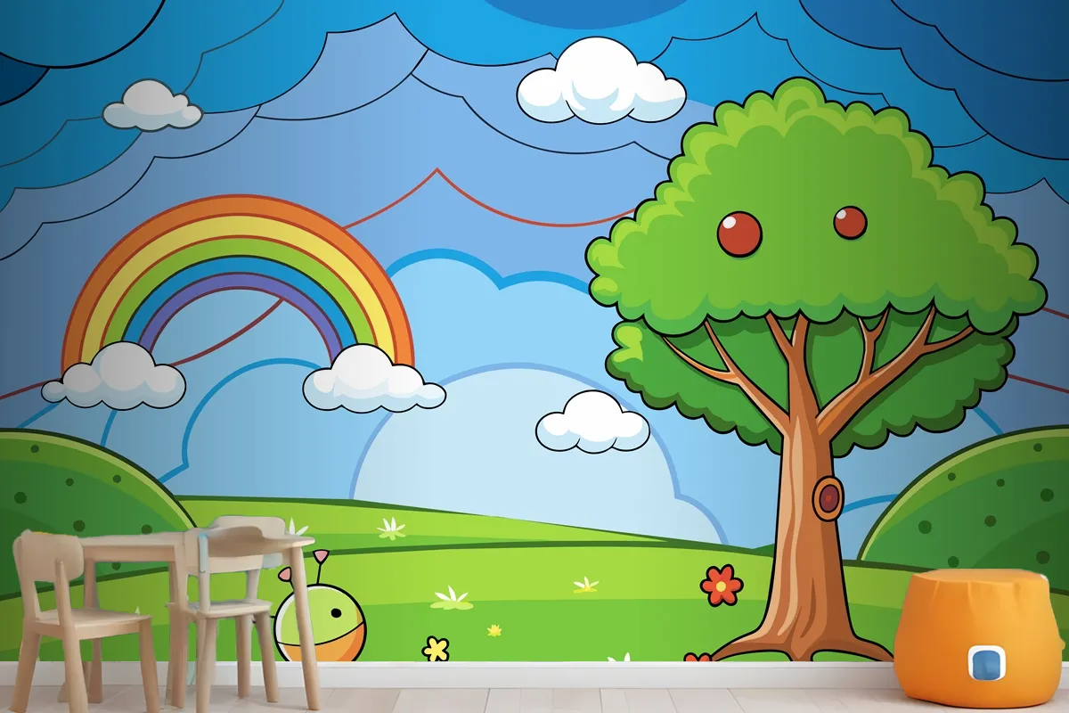 A Colorful Illustration Of A Rainbow With A Tree And A Rainbow In The Wallpaper Mural