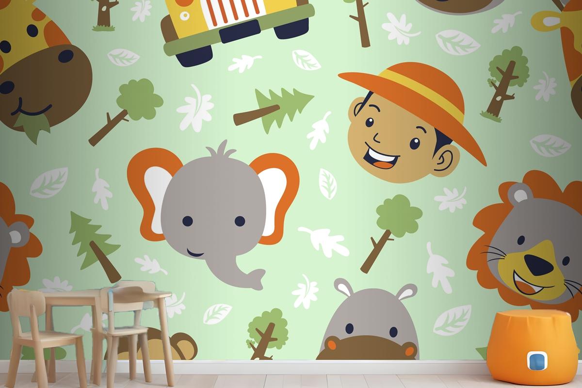 Funny Safari Animals Head Cartoon With Little Boy Head On Seamless Pattern Wallpaper Mural