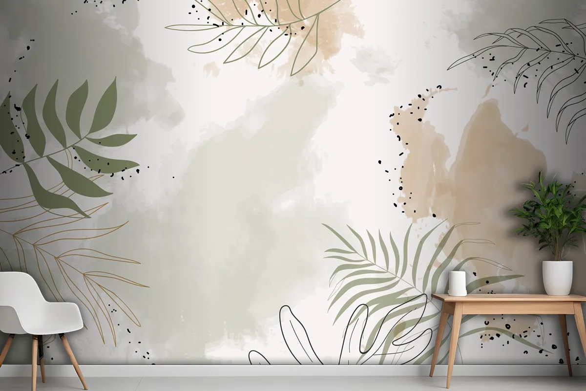 Beige Leafy Watercolor Background Wallpaper Mural