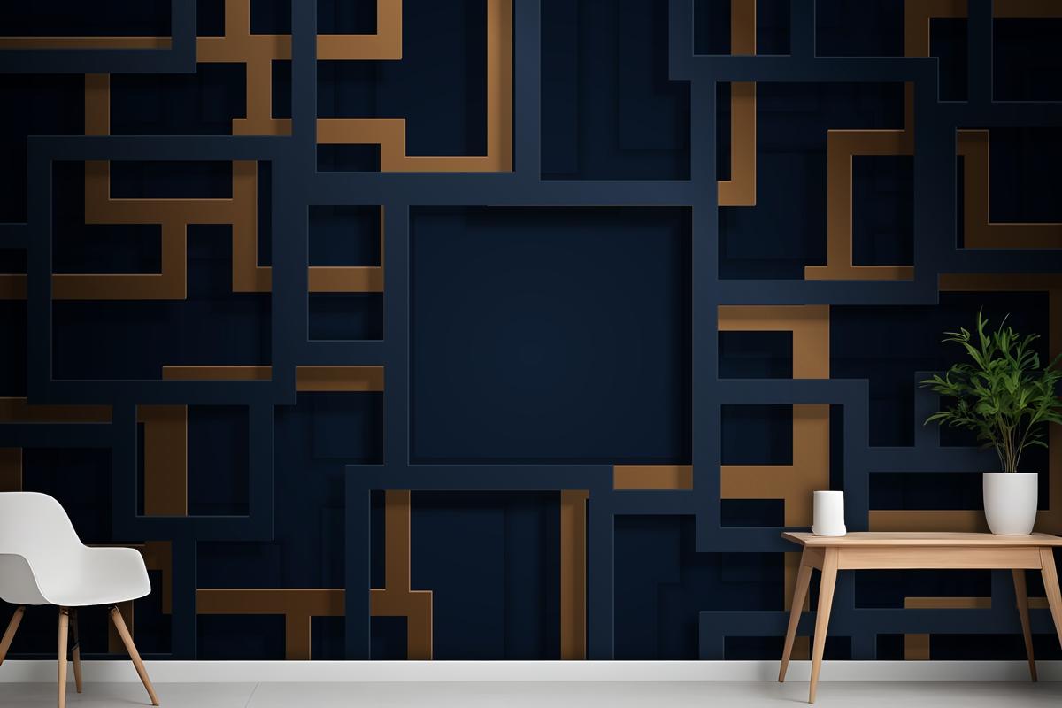 3D Blue And Gold Lines In Paper Cut Style Wallpaper Mural