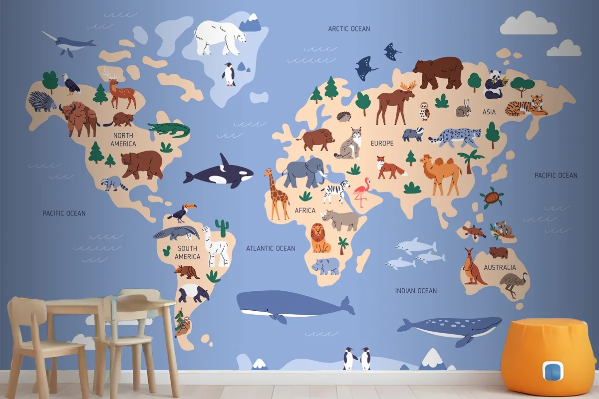 World Map With Animals In Water And On Earth Geography Wallpaper Mural