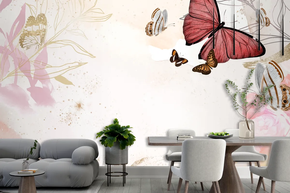 Butterfly Background Aesthetic Border With Flowers  Wallpaper Mural