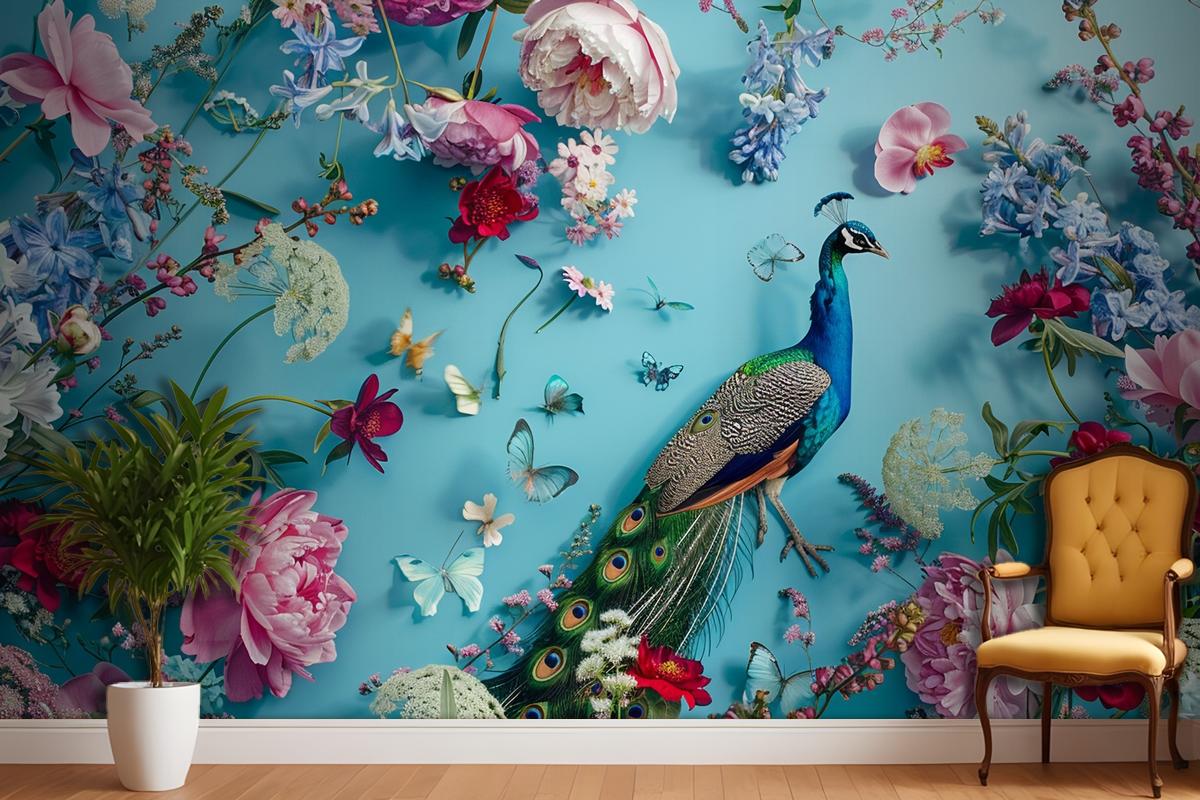 A Peacock Surrounded By Flowers And Butterflies Wallpaper Mural