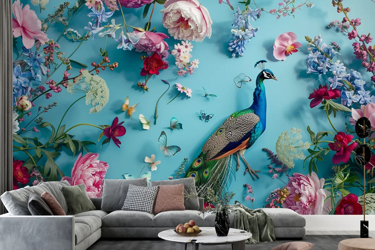 A Peacock Surrounded By Flowers And Butterflies Wallpaper Mural