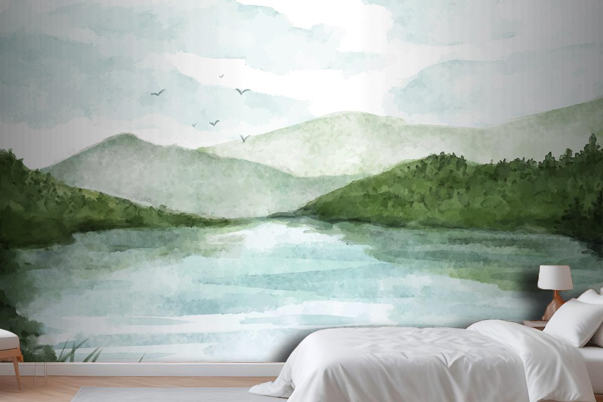 Watercolor Lake Scenery Wallpaper Mural