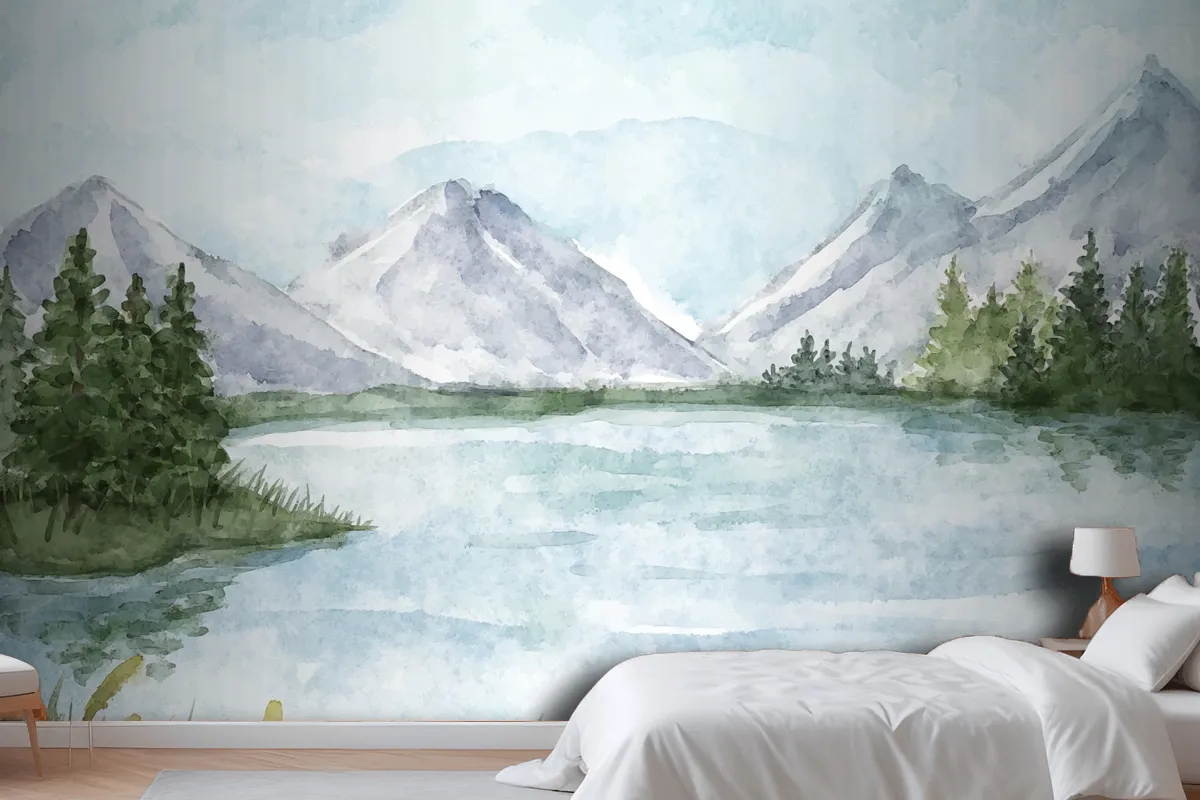 Watercolor Lake Scenery Wallpaper Mural