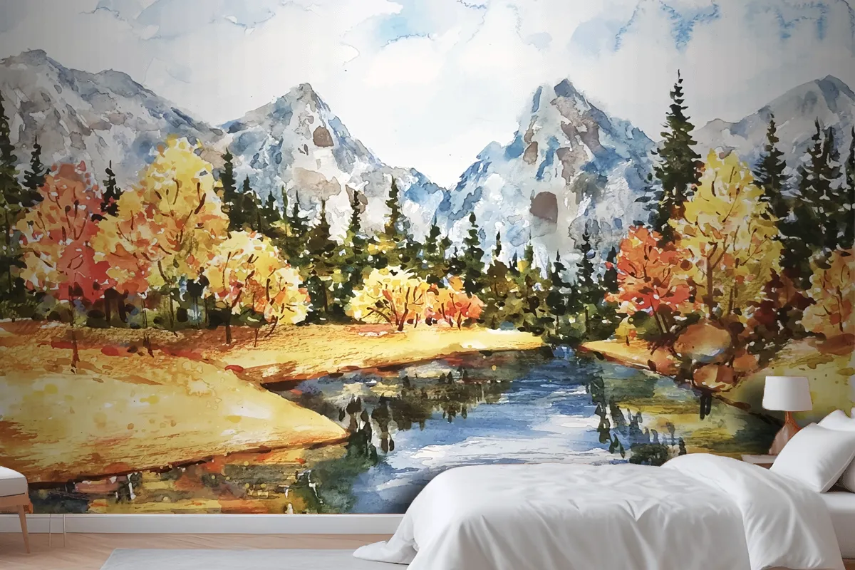 Watercolor Autumn Landscape Wallpaper Mural