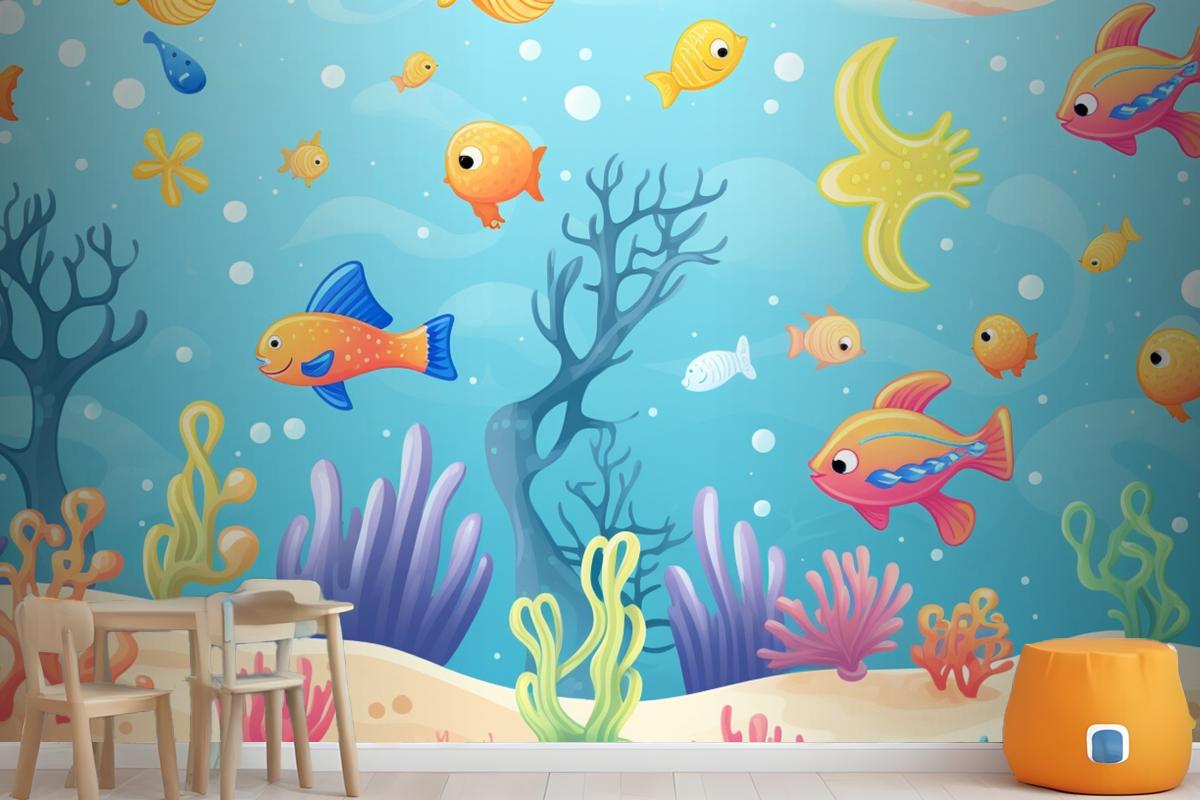 A Painting Of A Coral Reef With A Clown Fish And Coral Wallpaper Mural