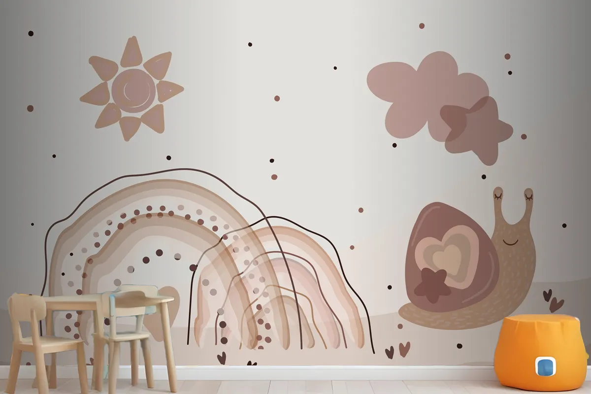 Watercolor Rainbow And Snails Beige Wallpaper Mural