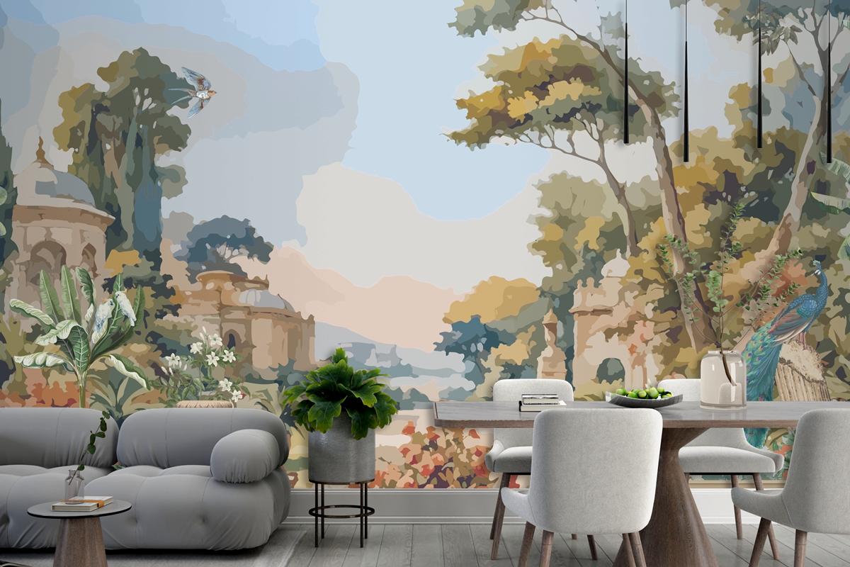 Victorian Garden With Peacock And Mediterranean Architecture In Watercolor Wallpaper Mural