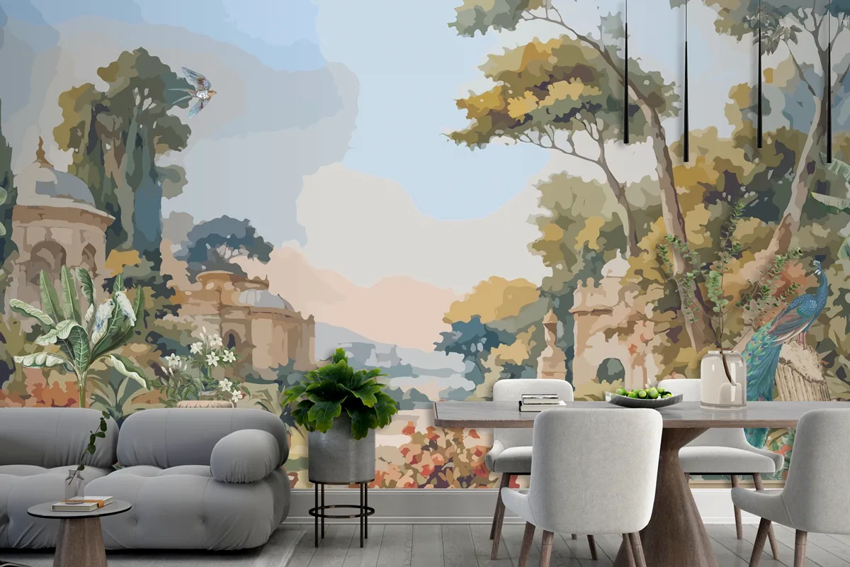 Victorian Garden With Peacock And Mediterranean Architecture In Watercolor Wallpaper Mural