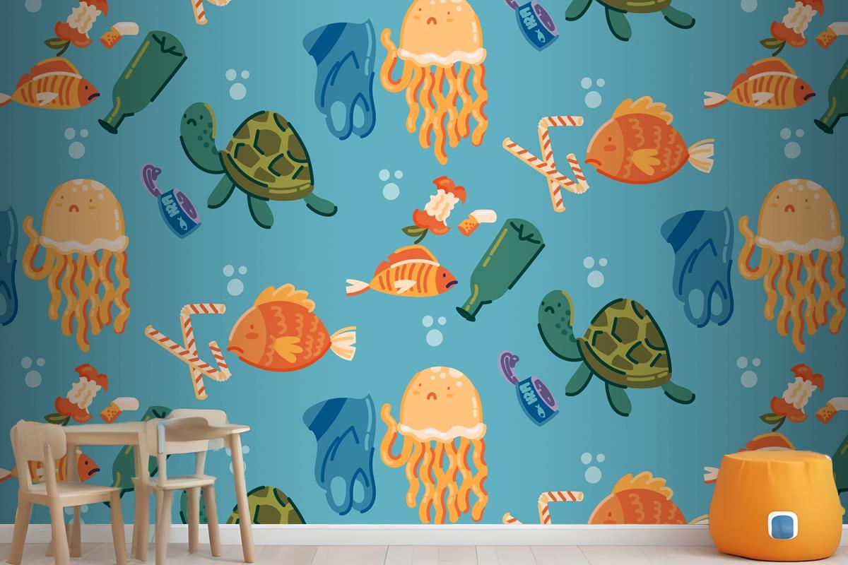 Hand Drawn Save The Oceans Pattern Wallpaper Mural