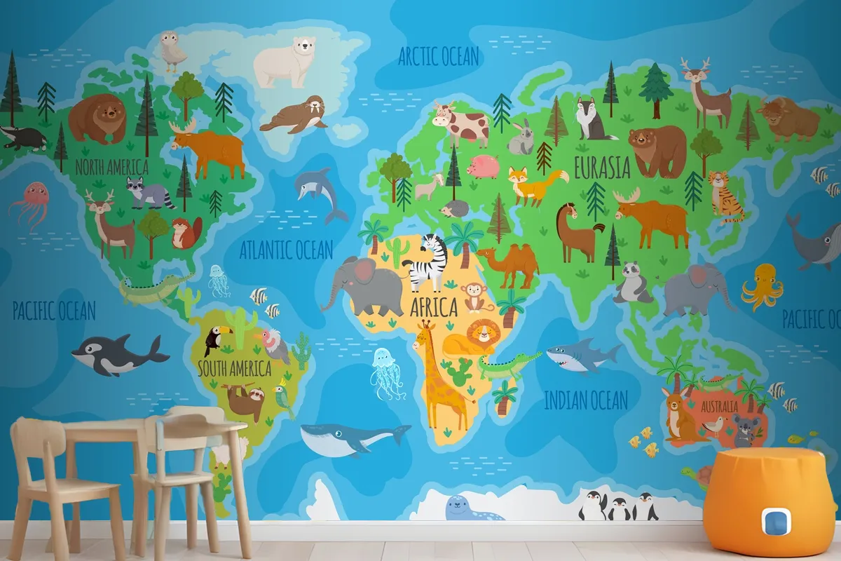 Cartoon World Map For Kids Nursery With Forest Animals Wallpaper Mural