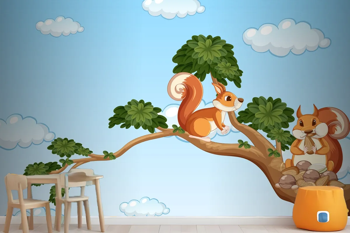 Two Squirrels On The Branch Wallpaper Mural