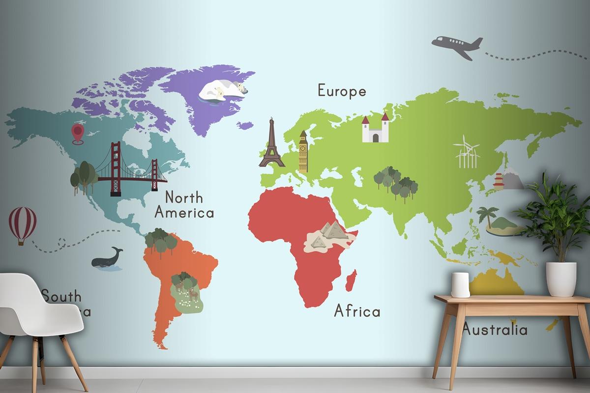 World Continent Map Location Graphic Wallpaper Mural