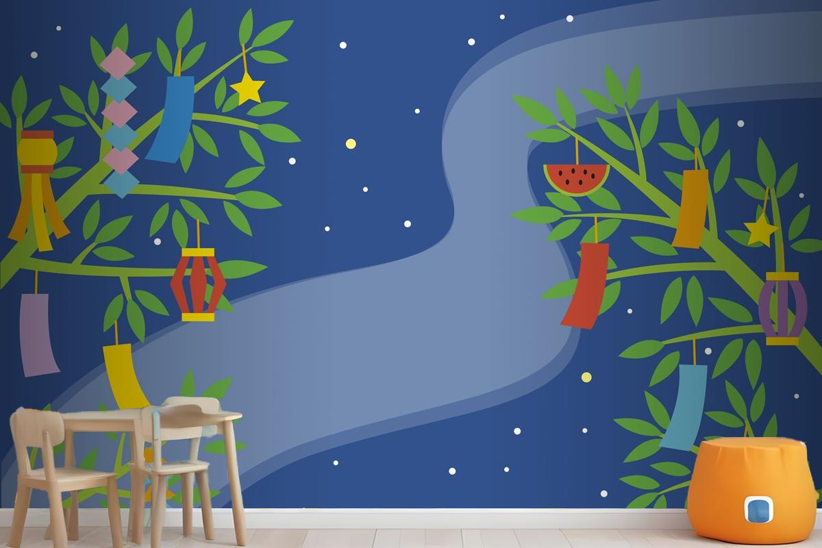 Flat Tanabata Background With Ornaments In Branches Wallpaper Mural