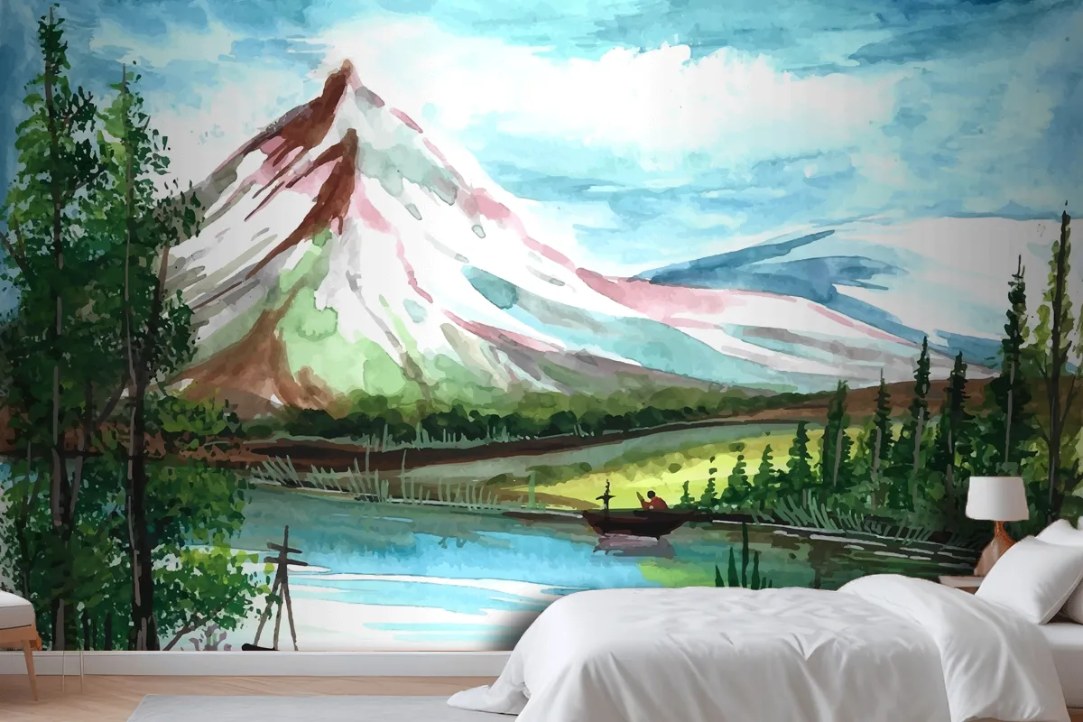 Hand Draw Spring Landscape Scene Watercolor Wallpaper Mural