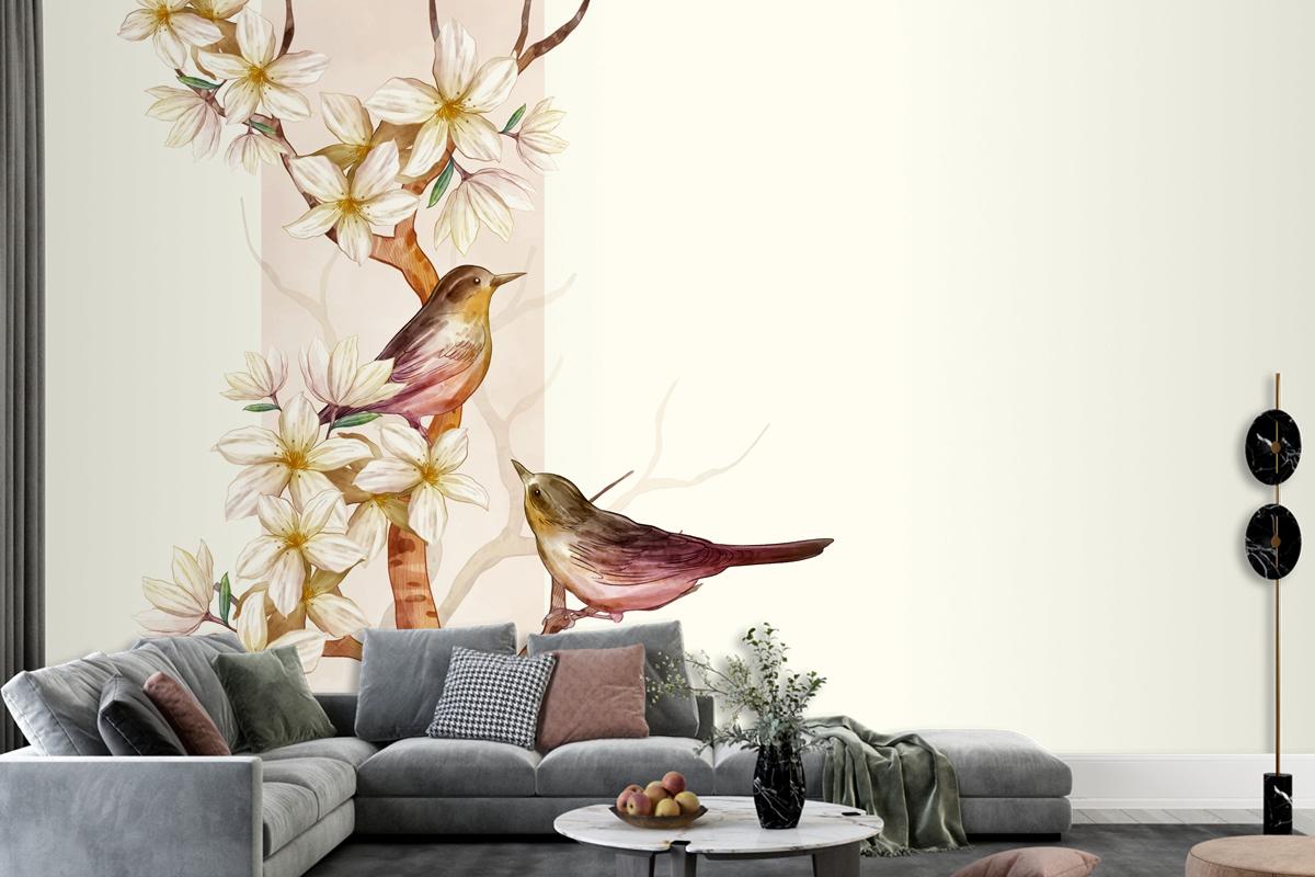 Asian Flower Watercolor With Birds Wallpaper Mural