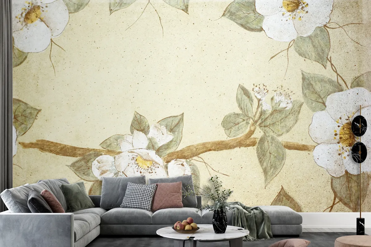 Retro Floral Pattern On Old Paper Wallpaper Mural