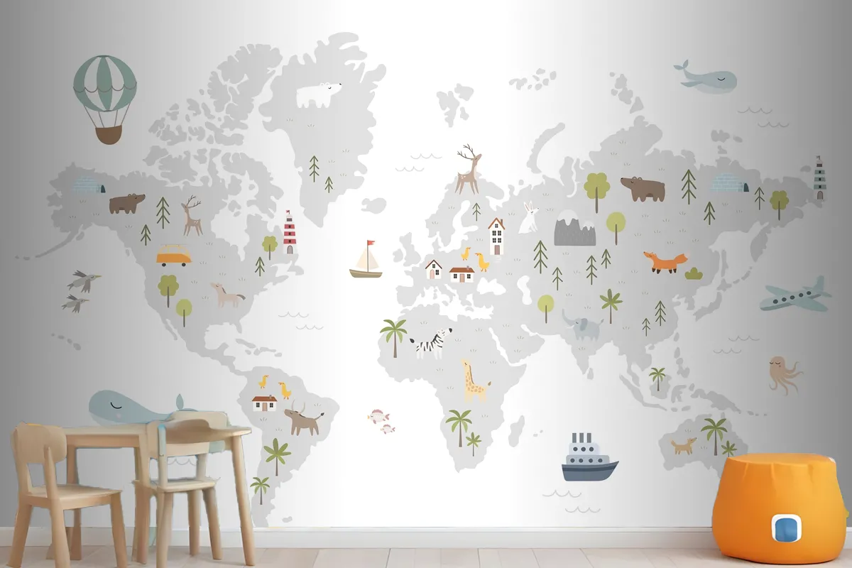 World Map With Animals Houses Nature Elements Wallpaper Mural