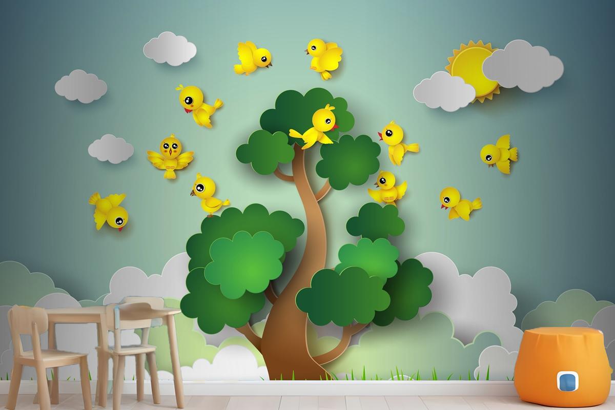 Bird Flying Around A Tree Wallpaper Mural