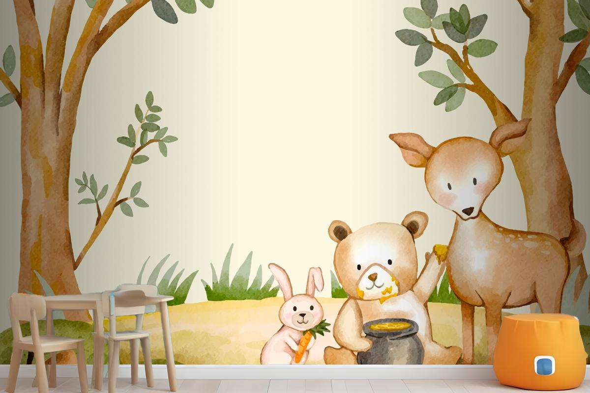 Watercolor Forest Animals Background Wallpaper Mural