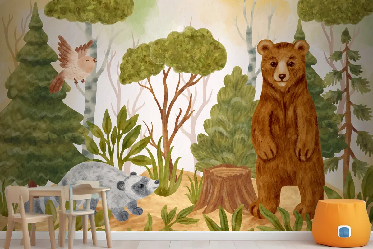 Watercolor Forest Animals Background Wallpaper Mural