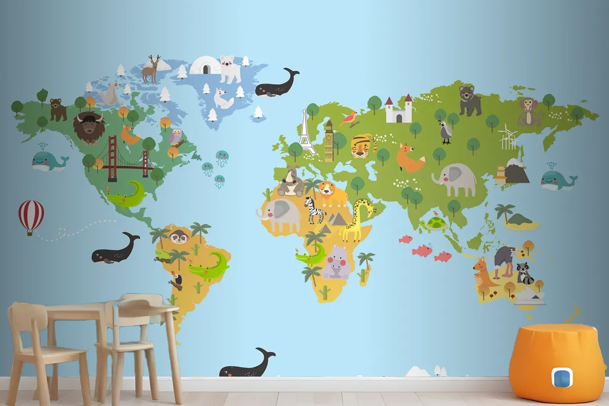 Animal World Map Wallpaper Mural