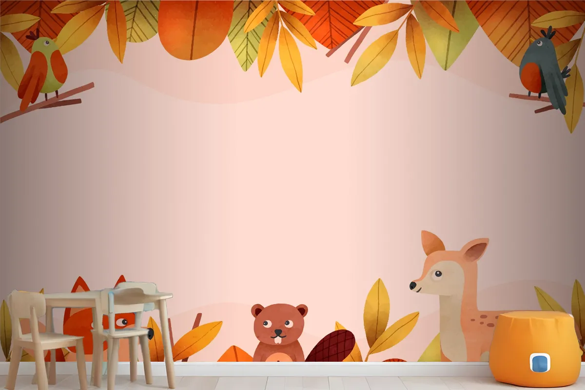 Watercolor Forest Animal And Leaves Wallpaper Mural