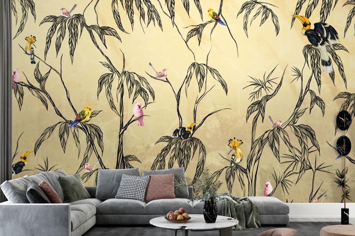 Bird In The Tropics On A Textured Beige Wallpaper Mural