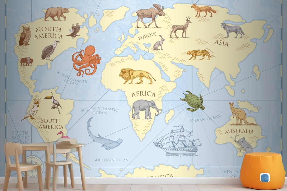 Vintage World Map With Wild Animals Wallpaper Mural