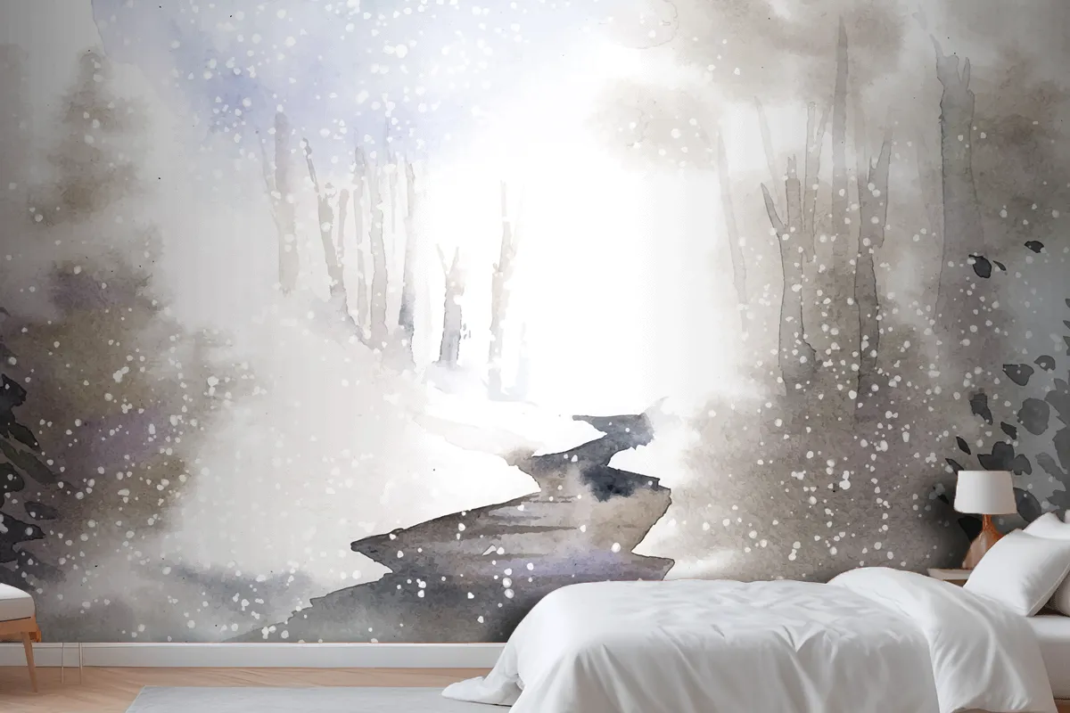 Winter Wonderland Landscape Painted By Watercolor Wallpaper Mural