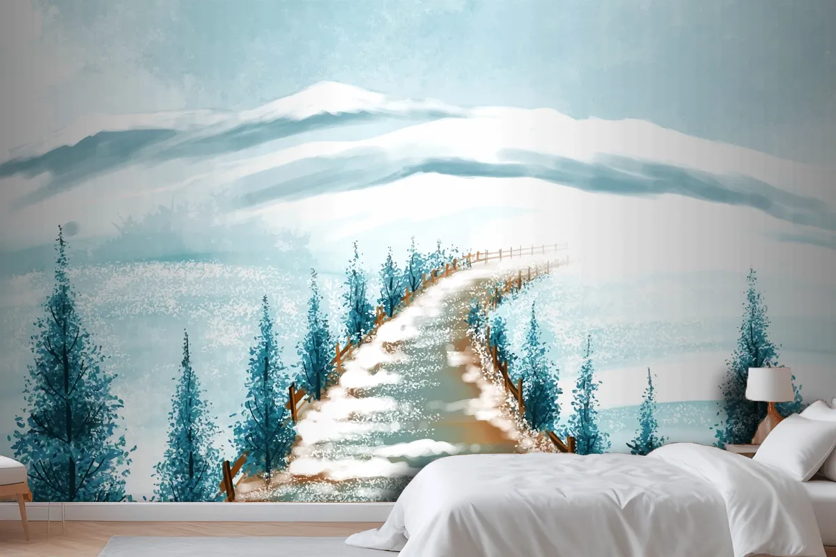 Winter Landscape With Snowy Christmas Tree Card Wallpaper Mural