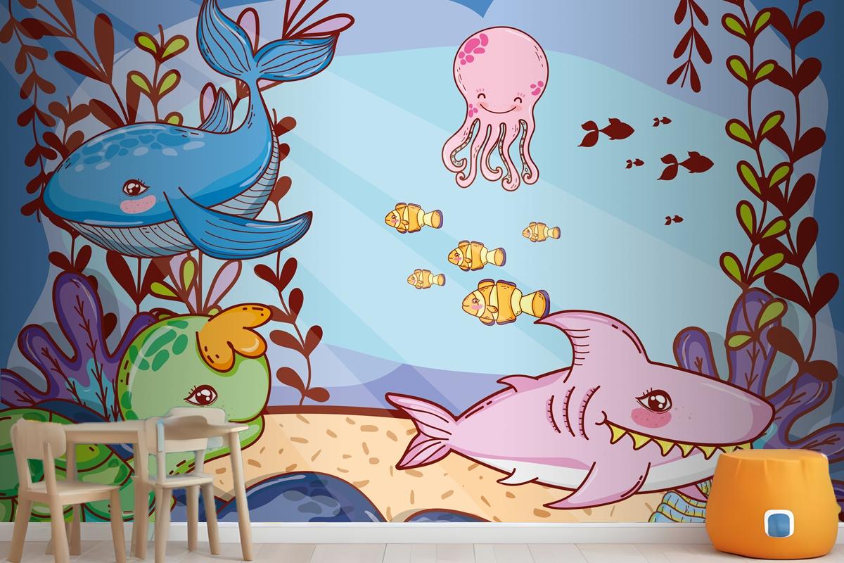 Cute Sea Animals With Seaweed Plants Wallpaper Mural