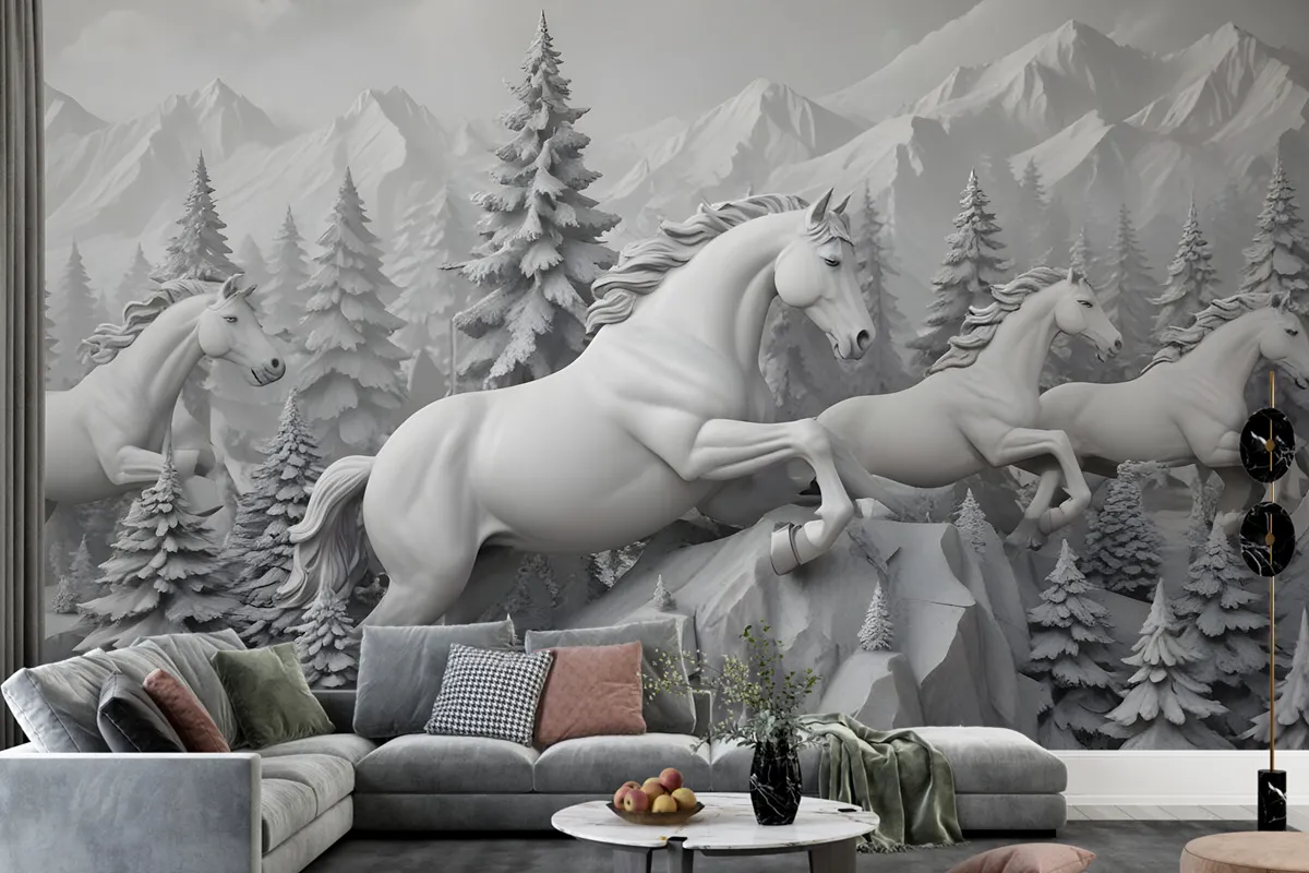 3D Embossed Look Cement Angel Horses Wallpaper Mural