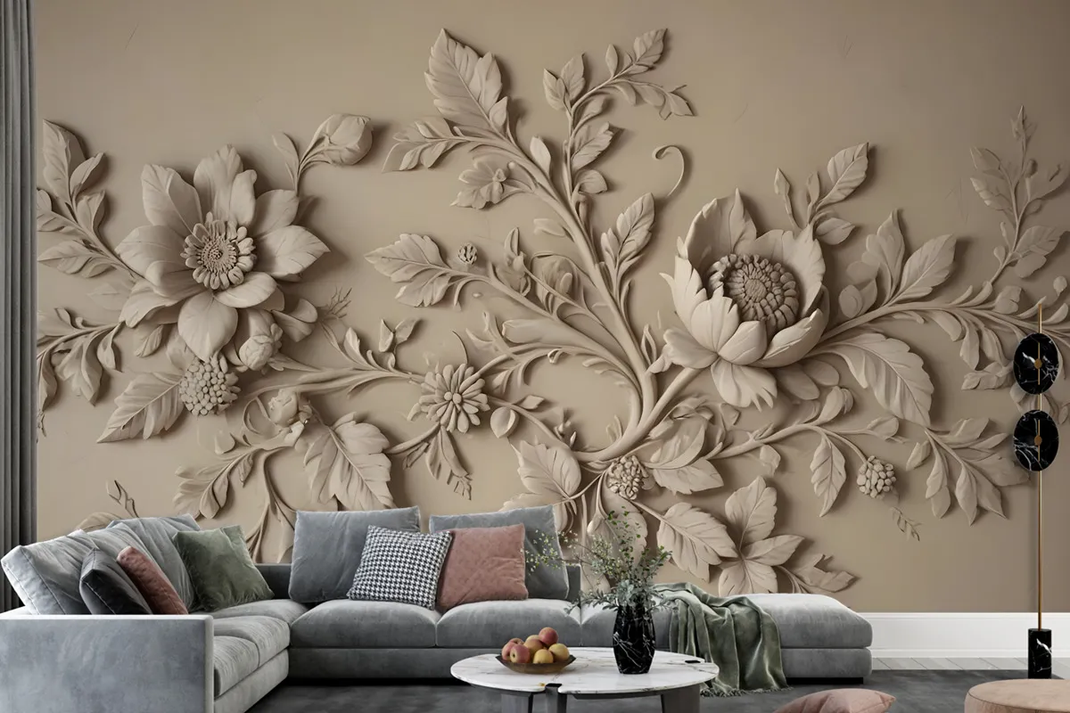 3D Embossed Look Cement Floral Tree Wallpaper Mural