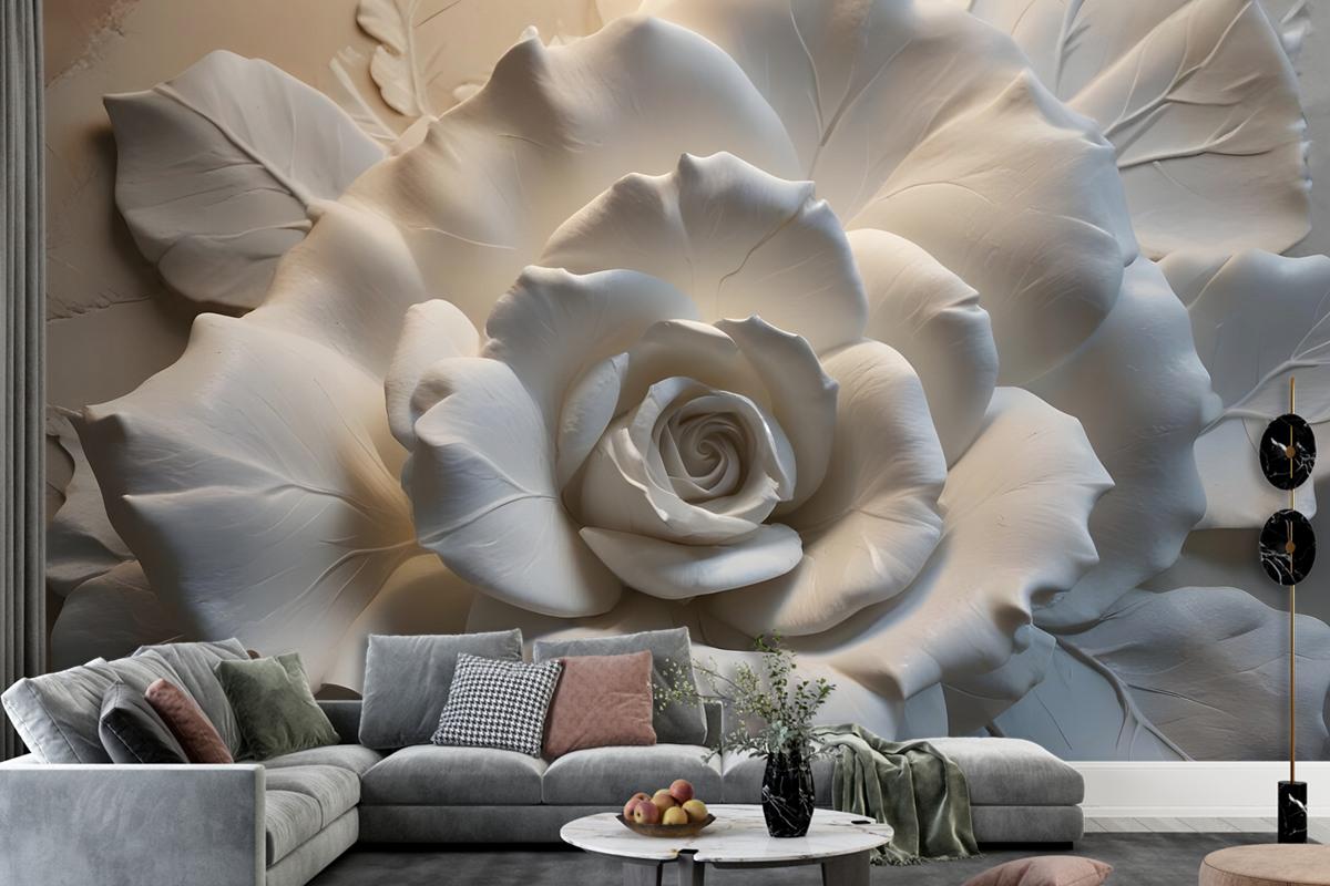 3D Embossed Look Cement Roses Wallpaper Mural