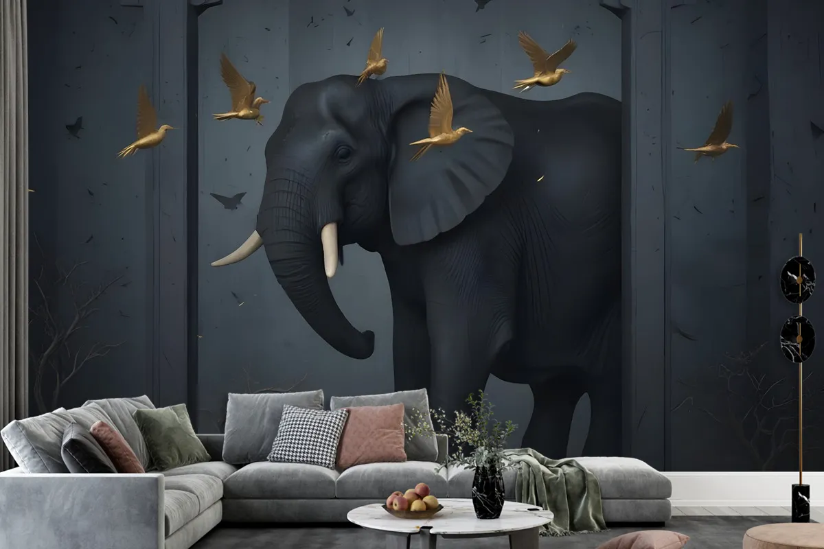 3D Embossed Look Dark Elephant And Birds Wallpaper Mural