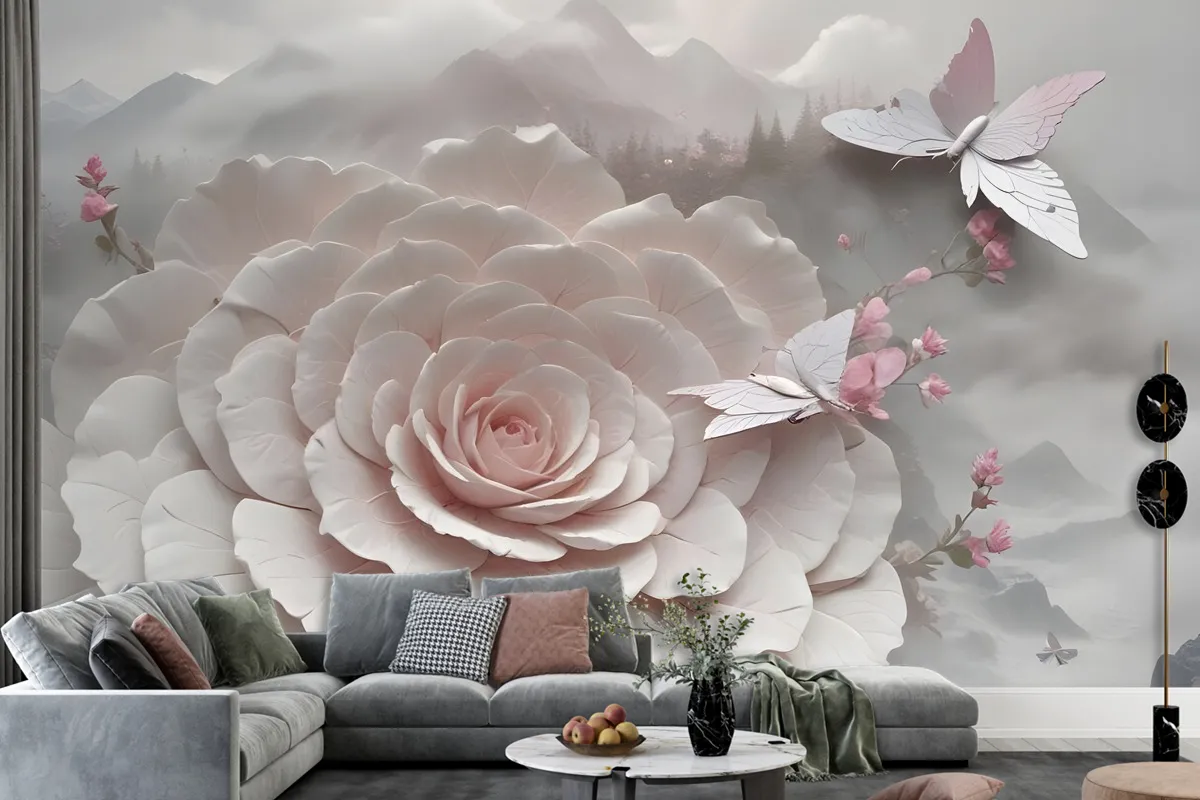 3D Embossed Look Flowers And Butterfly Wallpaper Mural