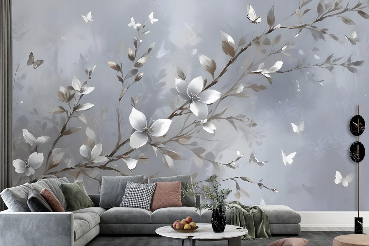 3D Embossed Look Magnolia Blossom And Butterfly Wallpaper Mural