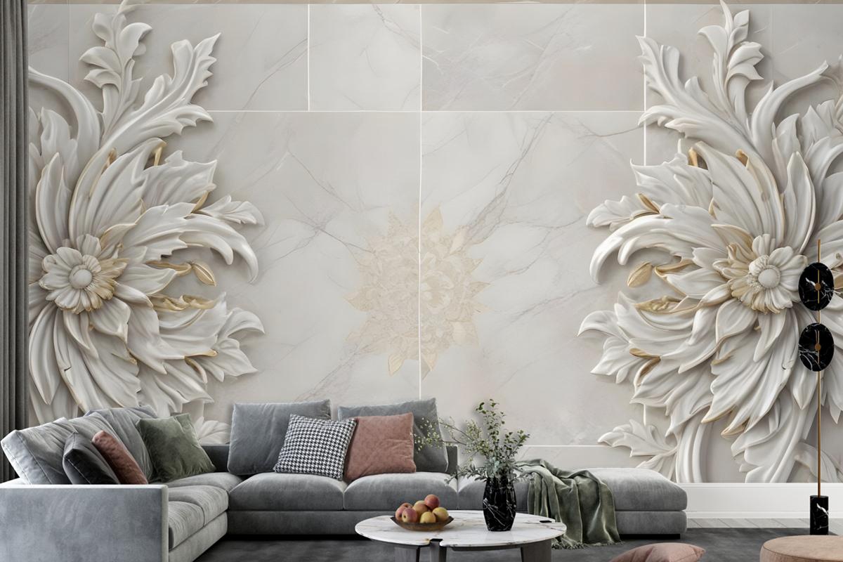 3D Embossed Look Marble Sunflower Wallpaper Mural