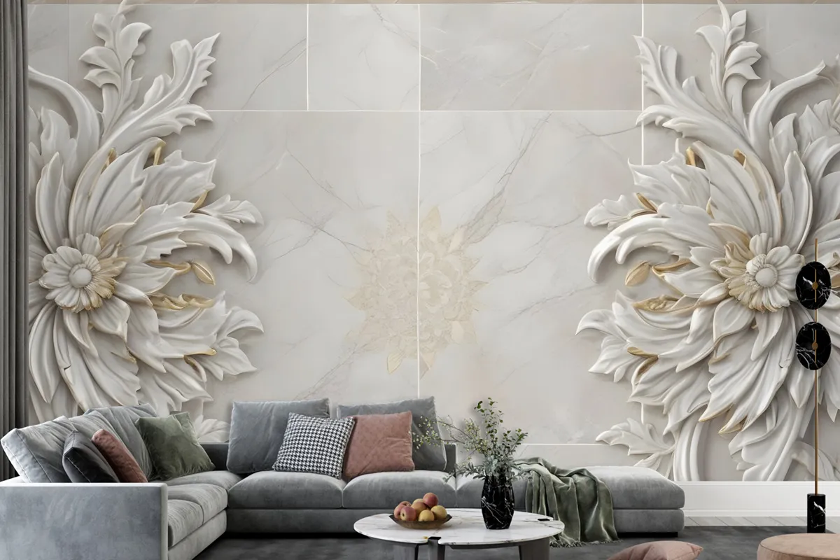 3D Embossed Look Marble Sunflower Wallpaper Mural