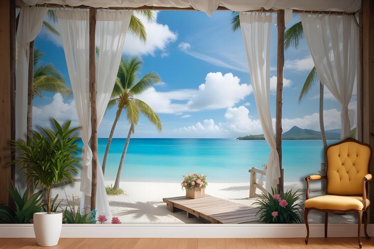 3D Look Blue Sea Landscape With Old Arches And Palm Trees Wallpaper Mural