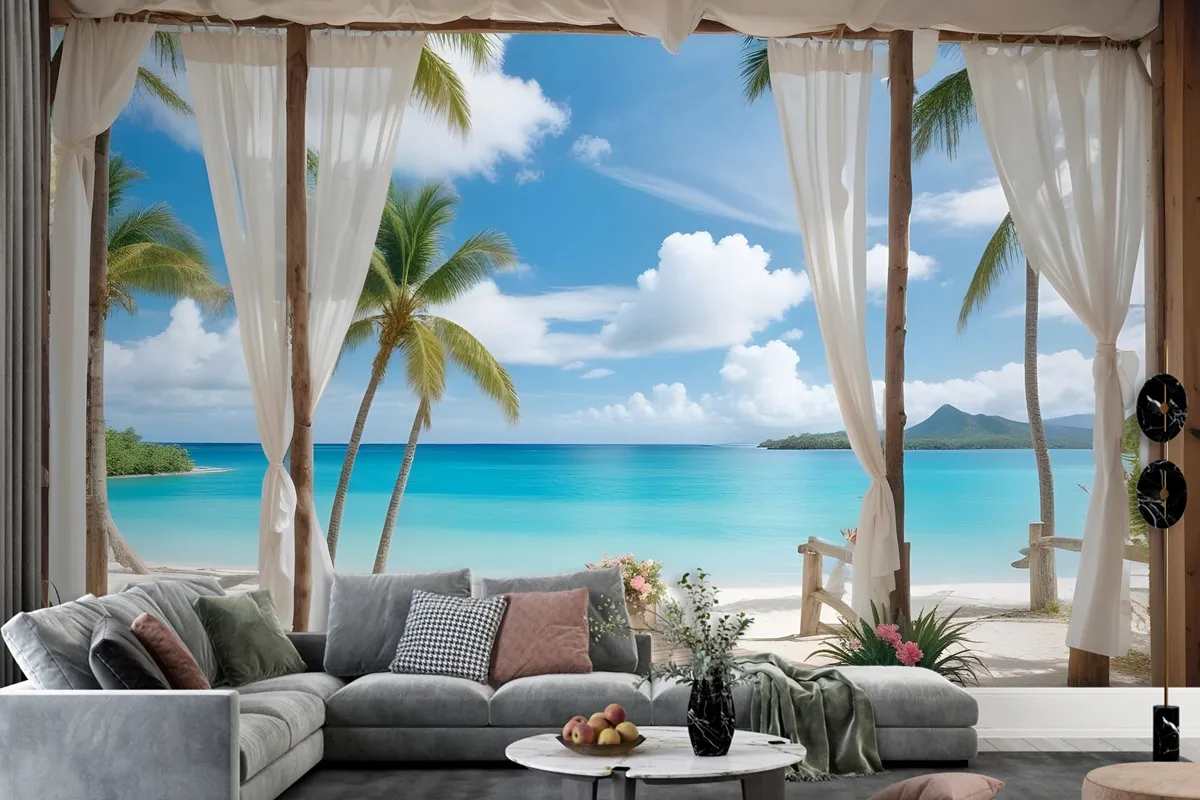 3D Look Blue Sea Landscape With Old Arches And Palm Trees Wallpaper Mural