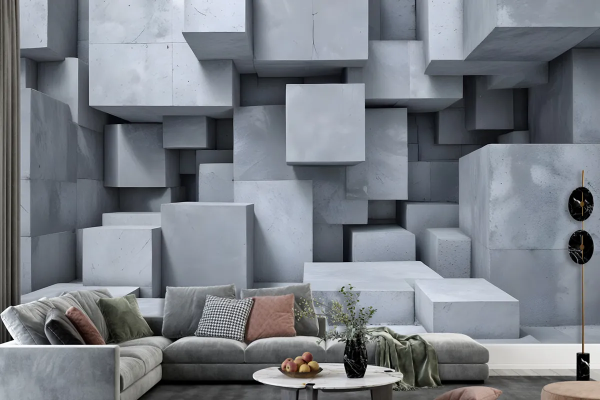 3D Look Concrete Style Gray Abstract Cubes Wallpaper Mural