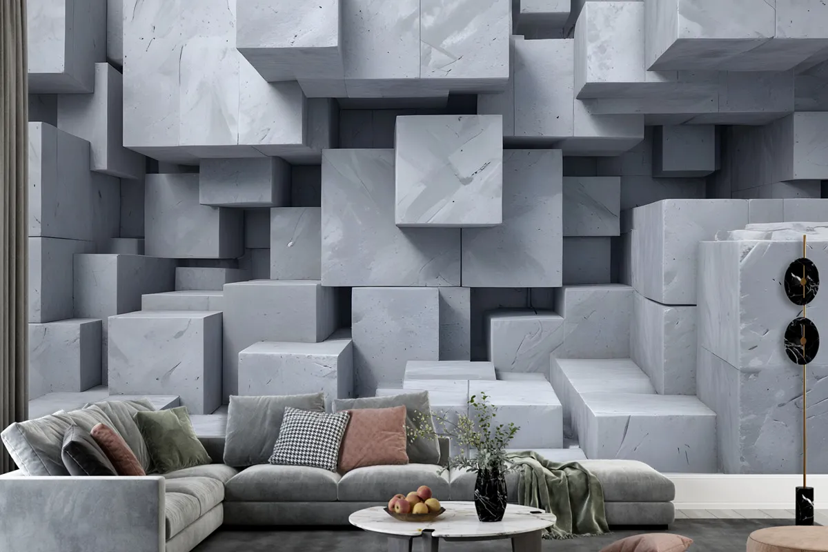 3D Look Concrete Style Gray Abstract Cubes Wallpaper Mural