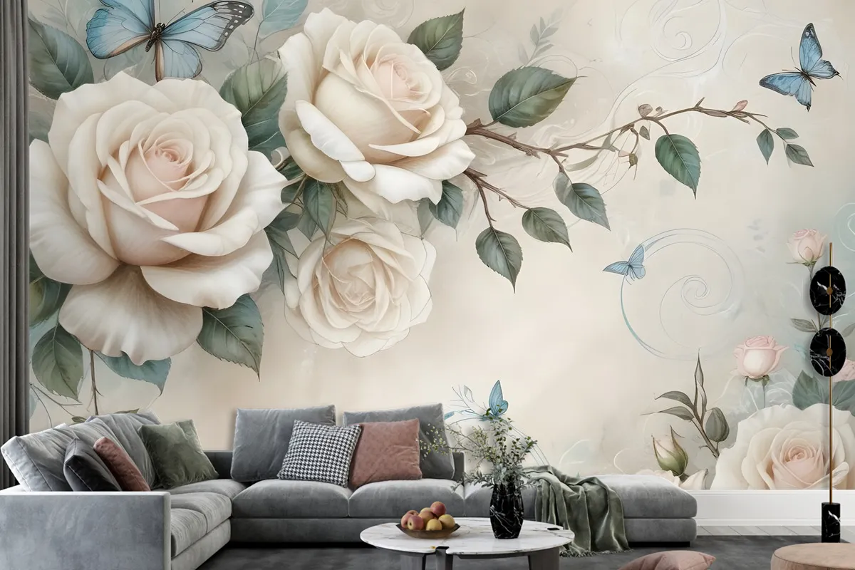 3D Look Cream Rose Floral Wallpaper Mural